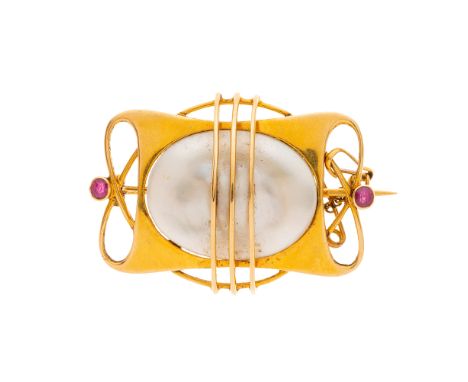 Murrle Bennett & Co., an Art Nouveau 15ct gold blister pearl and ruby brooch, maker's mark for Murrle Bennett & Co., stamped 