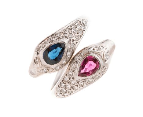 A sapphire, ruby and brilliant-cut diamond snake ring, with pave-set diamond crest and brilliant-cut diamond eyes, estimated 