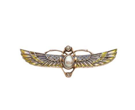 Heinrich Levinger (attributed), an Art Nouveau Egyptian Revival silver, plique-a-jour enamel, split pearl and enamel winged s