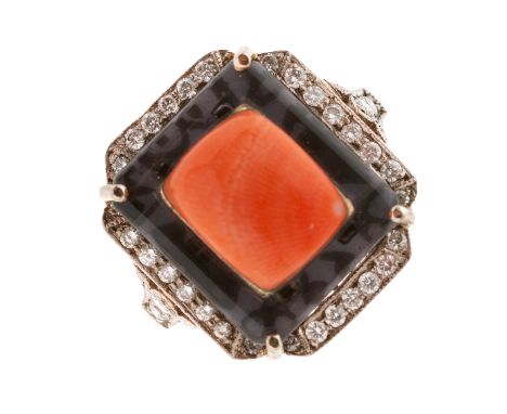 A French mid 20th century 18ct gold coral cabochon, onyx and brilliant-cut diamond cluster ring, estimated total diamond weig