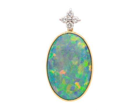 An 18ct gold opal cabochon pendant, with brilliant-cut diamond quatrefoil surmount, opal measures approximately 23 by 15.2mm,
