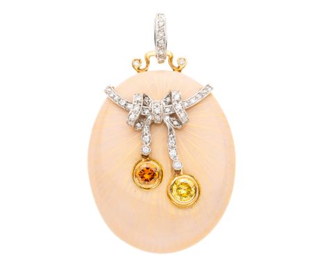 An 18ct gold brilliant-cut greenish yellow and brown diamond pendant, with peach enamel surround and brilliant-cut diamond bo