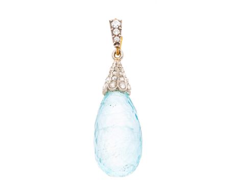 An early 20th century aquamarine briolette pendant, with rose-cut diamond cap and circular-cut diamond tapered surmount, aqua