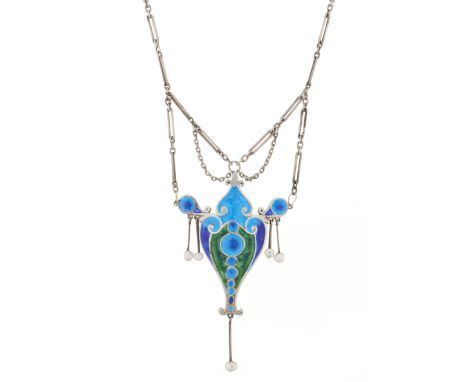 An Art Nouveau silver, polychrome enamel and pearl necklace, suspended from an integral chain, length of pendant 6.4cm, lengt