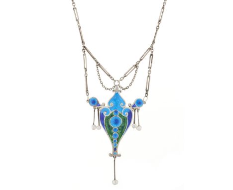 An Art Nouveau silver, polychrome enamel and pearl necklace, suspended from an integral chain, length of pendant 6.4cm, lengt