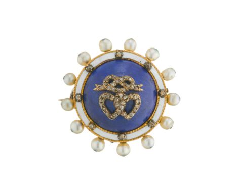 A Victorian gold rose-cut diamond, lapis lazuli cabochon, seed pearl and white enamel double heart and bow brooch, diameter 2