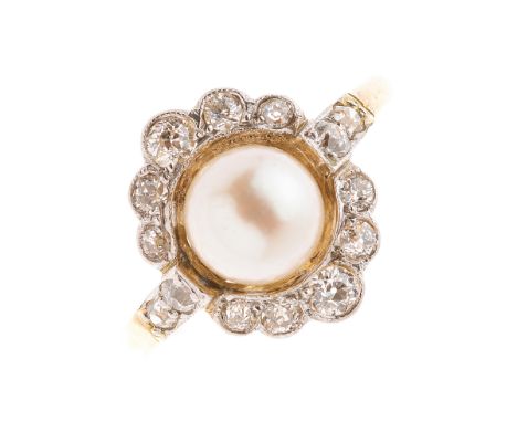 A mid 20th century gold, pearl and old-cut diamond cluster ring, estimated total diamond weight 0.40ct, pearl measures approx