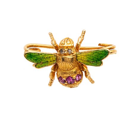 An early 20th century gold, pink sapphire and enamel novelty brooch, designed as a bumble bee, with rose-cut diamond eyes, 2c
