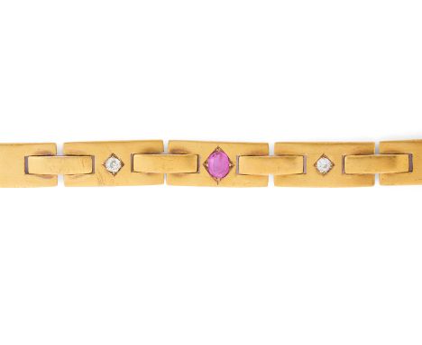 A mid 20th century 14ct gold ruby and old-cut diamond bracelet, with partially concealed push-piece clasp, estimated total di
