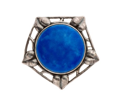 Guild of Handicraft (attributed), an Arts & Crafts silver and blue enamel brooch, with foliate openwork surround, 3.8cm, 11.5