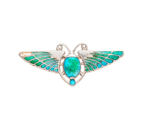 Charles Horner, an Art Nouveau silver and enamel winged scarab brooch, maker's mark for Charles Horner, hallmarks for Chester