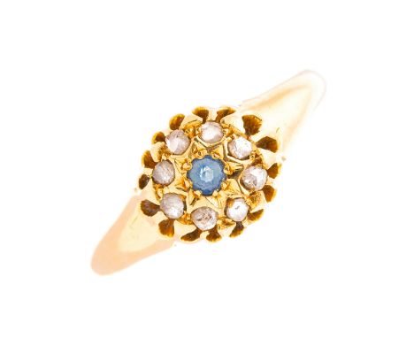 A late Victorian 18ct gold sapphire and rose-cut diamond cluster ring, hallmarks for Birmingham 1894, numbered 1575 to inside