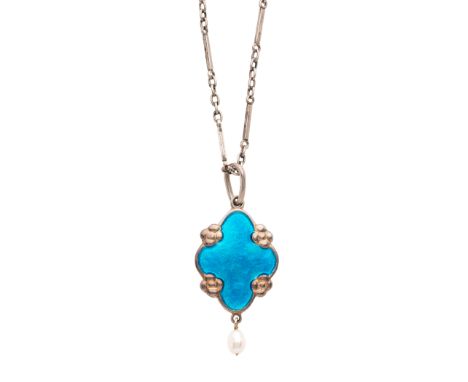 Murrle Bennett & Co., an Art Nouveau silver, blue enamel and pearl pendant, suspended from a fancy-link chain, with barrel cl
