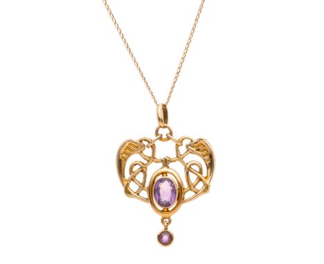 Henry Matthews, an Art Nouveau 9ct gold amethyst openwork pendant, suspended from a 9ct gold non-designer chain, maker's mark