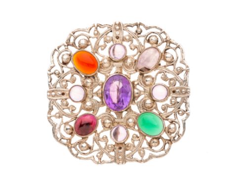 An Arts & Crafts silver multi-gem openwork brooch, gems to include amethyst, chrysoprase, carnelian and garnet, 5.1cm, 21.7gC