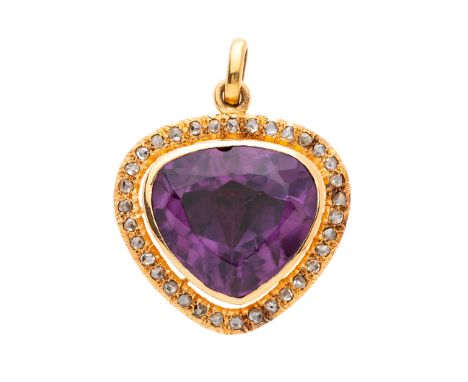 An 18ct gold amethyst and rose-cut diamond heart-shape pendant, 3.4cm, 12.4gCondition- Overall good condition- Amethyst is a 