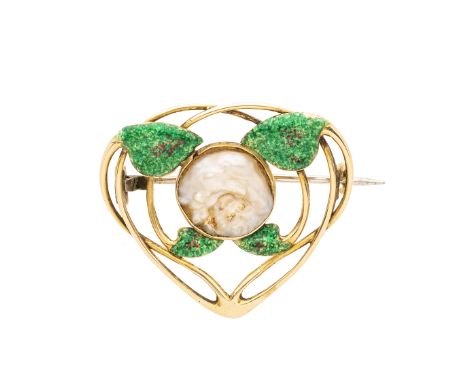 An Art Nouveau gold, blister pearl and polychrome enamel brooch, of foliate openwork design, 3.1cm, 4.9gCondition- Overall go