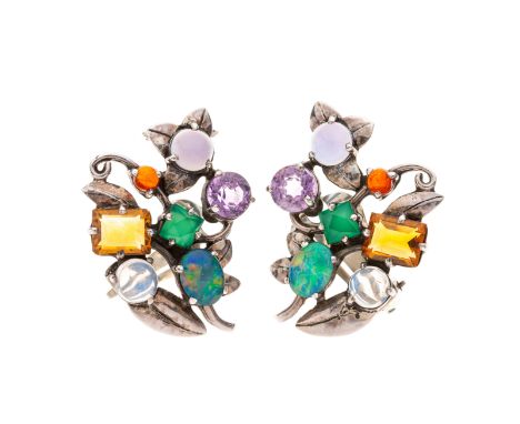 A pair of Arts & Crafts white metal, multi-gem foliate clip earrings, gems to include moonstone, chrysoprase, citrine and ame