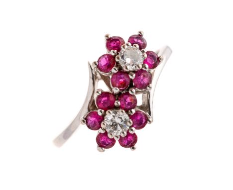 A 14ct gold diamond and ruby floral double cluster ring, estimated total diamond weight 0.30ct, H-I colour, SI clarity, band 