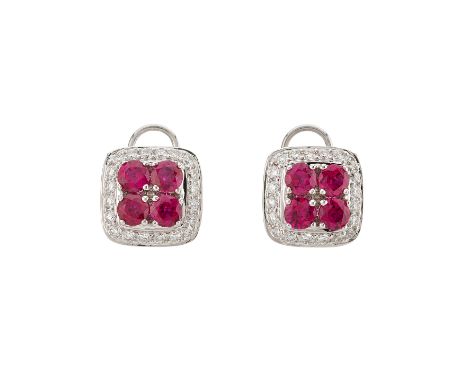 A pair of 18ct gold ruby and brilliant-cut diamond cluster earrings, total ruby weight 1.52ct, total diamond weight 0.55ct, e