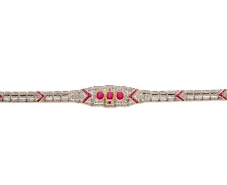 A 14ct gold vari-shape ruby and single-cut diamond geometric bracelet, principal three rubies estimated total weight 1.20ct, 