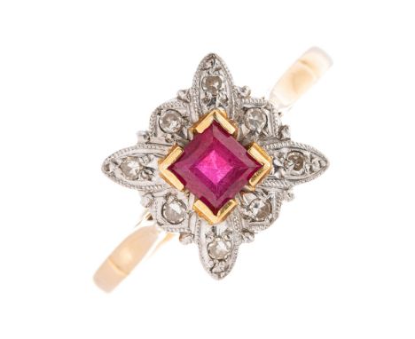 A mid 20th century 18ct gold and platinum, ruby and single-cut diamond dress ring, estimated total diamond weight 0.10ct, ban