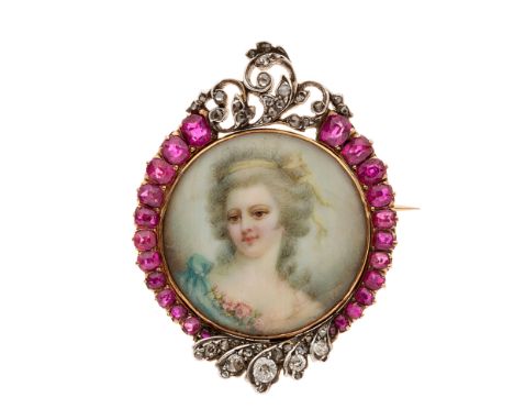 A 19th century gold, ruby and diamond portrait miniature brooch, depicting a lady in blue dress, estimated total ruby weight 