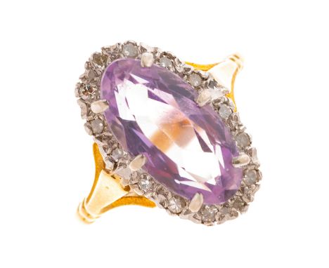 A 1970s 18ct gold amethyst and single-cut diamond cluster ring, with stylised fleur-de-lys shoulders, estimated total diamond