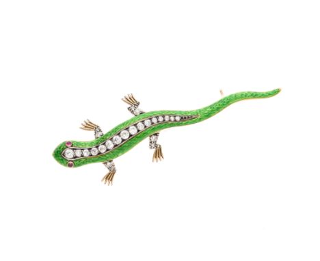 A 19th century gold, old-cut diamond and green guilloche enamel novelty brooch, designed as a salamander, with ruby cabochon 