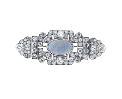 An Art Deco opal cabochon and old-cut diamond openwork geometric brooch, opal measures approximately 12.6 by 8 by 2.1mm, esti