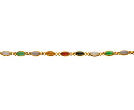 A gold, vari-hue jade cabochon line bracelet, with push-piece clasp, foreign marks, 18cm, 8.5gCondition- Overall good conditi