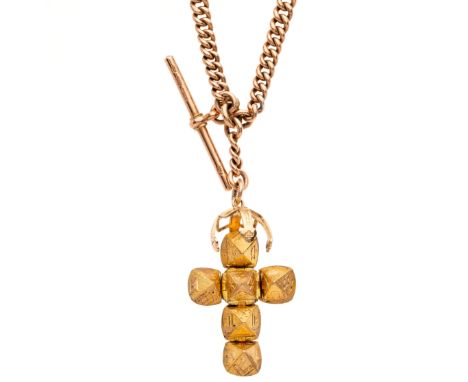 An early 20th century 9ct gold Albert chain, with lobster clasp terminals, suspending a later 9ct gold Masonic fob, T-bar wit