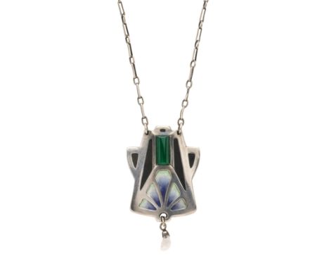 A Jugendstil silver, chrysoprase cabochon and polychrome enamel pendant, suspending a pearl drop, with integral chain, chain 