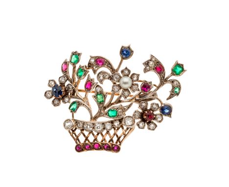 A 19th century gold, multi-gem jardiniere or giardinetti brooch, gems to include diamond, ruby, sapphire, emerald and pearl, 