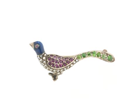 A 19th century silver, demantoid garnet, ruby, split pearl and enamel novelty brooch, designed as a pheasant, 4.4cm, 8.9gCond