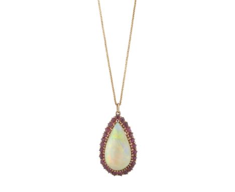 A mid 20th century gold, opal cabochon and ruby cluster pendant, suspended from an 18ct gold chain, opal measures approximate
