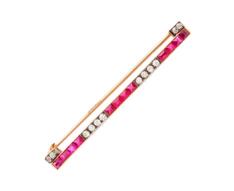 A 1940s gold, old-cut diamond and synthetic ruby bar brooch, estimated total diamond weight 1ct, predominantly H-I colour, SI