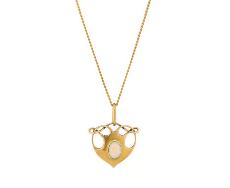 Murrle Bennett & Co., an Art Nouveau 15ct gold opal cabochon heart-shape pendant, suspended from a 9ct gold non-designer chai