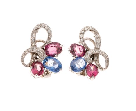 A pair of mid 20th century sapphire, garnet and single-cut diamond clip earrings, estimated total diamond weight 0.40ct, 2.2c