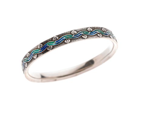 Liberty & Co. (attributed), an Arts & Crafts silver and polychrome enamel foliate hollow bangle, inner diameter 7cm, 18.4gCon