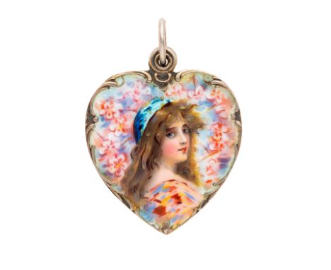 Meyle & Mayer, a Jugendstil silver polychrome enamel portrait pendant, depicting a lady amongst flowers, with sliding mirror 