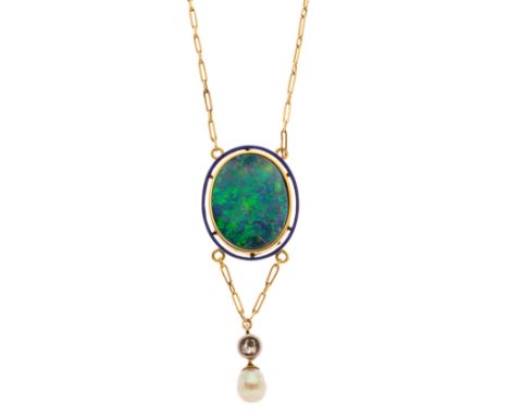 An early 20th century gold, black opal cabochon and blue enamel necklace, suspending an old-cut diamond and pearl drop, with 