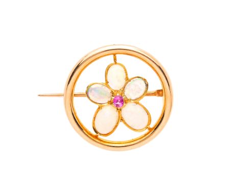 An Edwardian 15ct gold opal cabochon and pink sapphire floral brooch, diameter 2.2cm, 3.3gCondition- Overall good condition- 