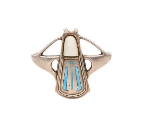 A Jugendstil silver, mother-of-pearl and blue enamel brooch, indistinct maker's mark, reverse stamped depose, 3.6cm, 6.5gCond