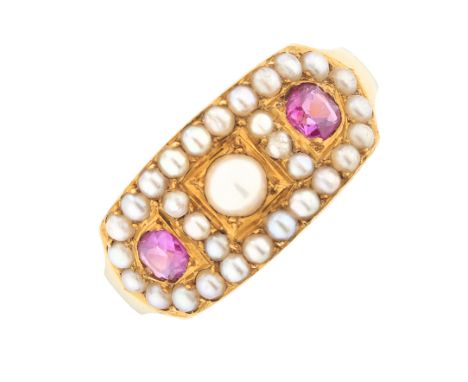 A late Victorian 18ct gold ruby and split pearl dress ring, band stamped 18ct, ring size N1/2, 3.6gCondition- Overall good co