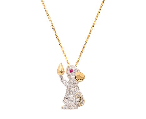 An 18ct gold pave-set diamond novelty pendant, designed as a mouse holding a nut, with ruby eye, suspended from a silver chai