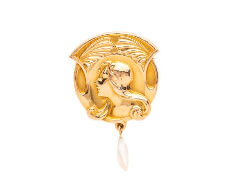 An Art Nouveau gold, rose-cut diamond accent portrait brooch, depicting a lady in profile, suspending a pearl drop, 3.9cm, 4.