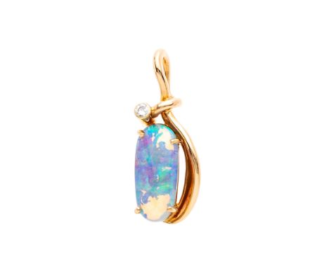 A 14ct gold opal cabochon and brilliant-cut diamond pendant, opal measures approximately 14 by 6.2 by 4.4mm, 2.4cm, 2.3gCondi