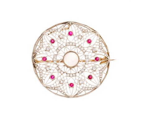 A Belle Epoque vari-cut diamond, ruby and moonstone cabochon openwork pendant, estimated total diamond weight 0.70ct, diamete