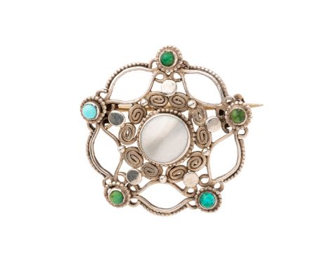 William Hair Haseler, an Arts & Crafts silver, blister pearl and turquoise cabochon star brooch, maker's mark for William Hai